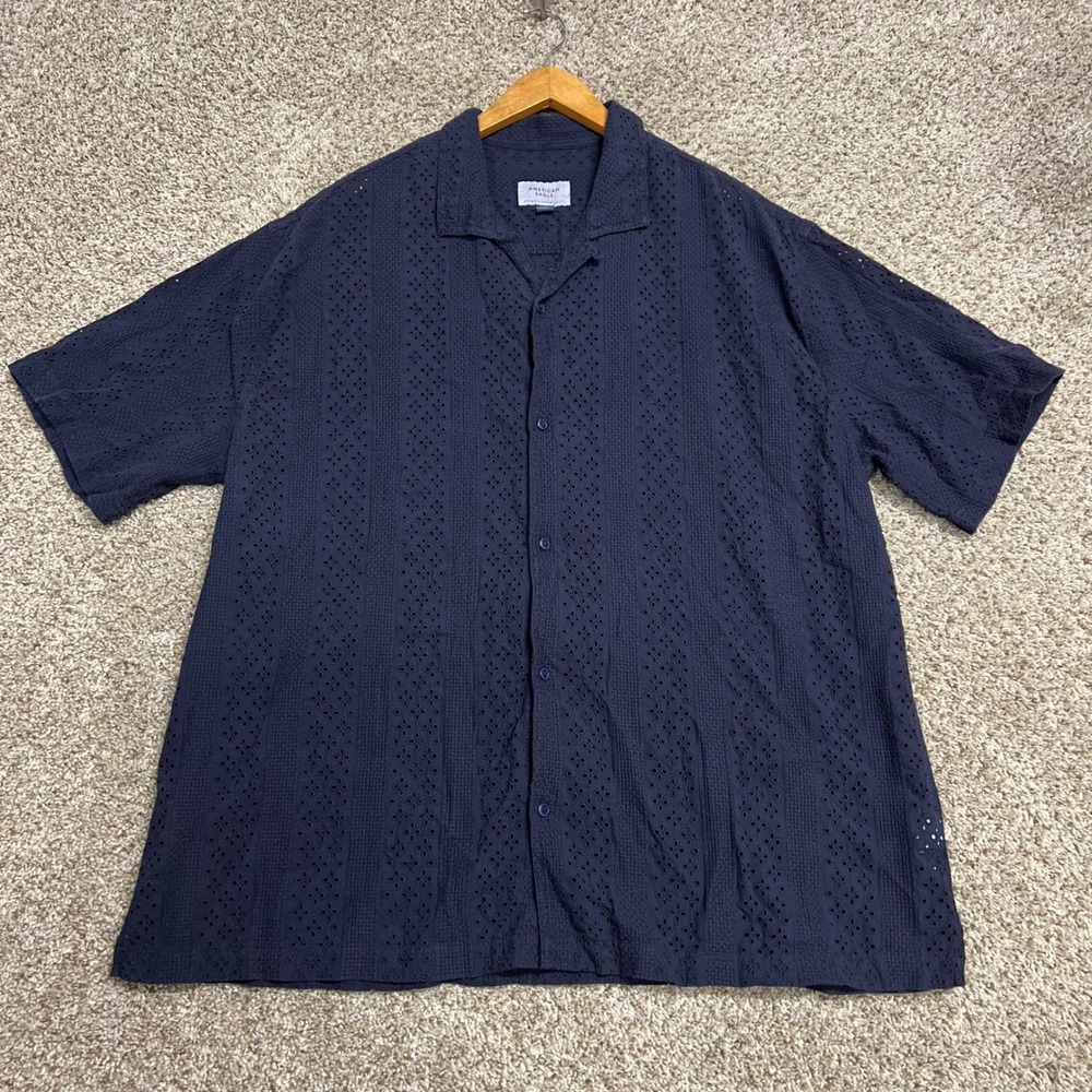 American Eagle Mens XL Tall Navy Blue Eyelet Embroidered Short Sleeve Camp Shirt